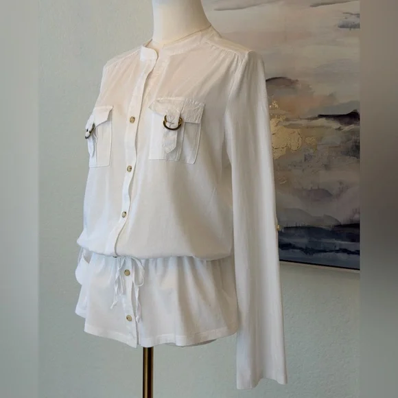 Michael Kors White Cotton Utility Shirt with Gold MK Hardware & Drawstring Waist - Picture 5 of 16
